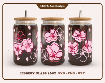 Cherry Blossom Libbey Glass SVG, Sakura Flower Can Glass svg, Full wrap for Libbey Glass 16oz. dxf, png, svg file for Circut, digital file