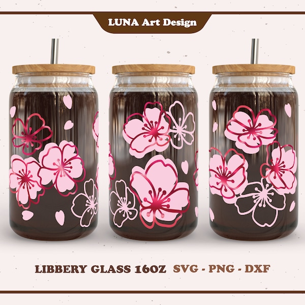 Cherry Blossom Libbey Glass SVG, Sakura Flower Can Glass svg, Full wrap for Libbey Glass 16oz. dxf, png, svg file for Circut, digital file