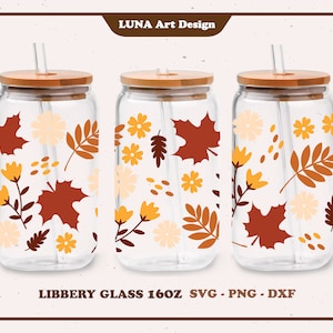 秋の葉、秋の花、葉、花柄のハロウィーン フルラップ、Libbey 缶ガラス 16 オンス用。 dxf、png、svg ファイル、Circut 用、デジタル ファイル