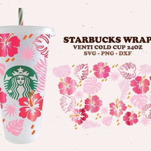 Hibiskus Aloha Sommerstimmung, Hawaii, Blumen Tropisch, Vollverpackung Venti Kaltbecher 24oz. dxf, png, svg-Datei für Circut