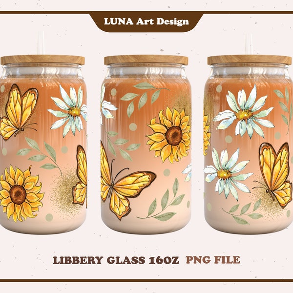 Butterfly, Sunflower & Daisy Libbey glass can png, beer can glass, full wrap for 16oz. libbey glass, png file for sublimation, digital file