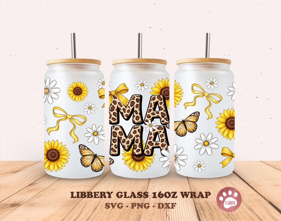 Mama Leopard Glass Can Wrap Mom Frosted Glass Wrap Mom 16oz. Libbey Can ...