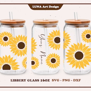 Girassol pode vidro SVG, Libbey Glass SVG, personalizado, flor, envoltório completo para Libbey Glass 16 onças dxf, png, arquivo svg para Circut, arquivo digital
