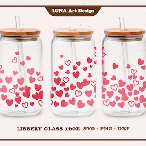 May include: Three clear glass tumblers with bamboo lids and straws. Each tumbler is decorated with a pattern of red hearts. The tumblers are labeled "LIBBERY GLASS 16OZ SVG - PNG - DXF" and the brand name "LUNA Art Design" is displayed.