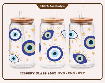 Evil Blue Eye Can Glass SVG, Libbey Glass SVG, Evil Eye svg, Full wrap for Libbey Glass 16oz dxf, png, svg file for Circut, digital file