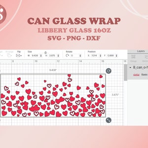 May include: A digital design for a can glass wrap, featuring a pattern of red hearts. The design is 9.438 inches wide and 3.875 inches high, with the text "CAN GLASS WRAP" and "LIBBERY GLASS 16OZ".