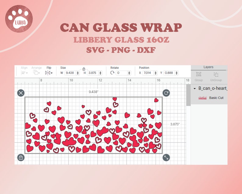 May include: A digital design for a can glass wrap, featuring a pattern of red hearts. The design is 9.438 inches wide and 3.875 inches high, with the text "CAN GLASS WRAP" and "LIBBERY GLASS 16OZ".