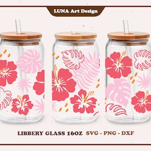 Hibiskus Sommer Blume tropische Blätter Hawaii Aloha Monstera Full Wrap für Dose Libbey Glass 16 Unzen Dxf, PNG, svg Datei für Circut digitale Datei