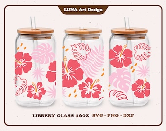 Hibiscus Aloha 16oz Libbey Glass Wrap: Tropical Flower SVG PNG DXF (Digital File)