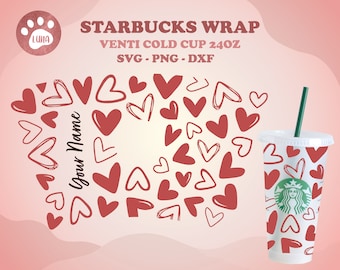 バレンタイン コールド カップ SVG、カップ ラップ、ハート、パーソナライズ カップ、Venti コールド カップ 24 オンスのフル ラップ。Circut の dxf、png、svg ファイル、デジタル ファイル