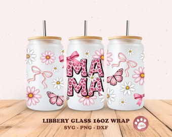 Mama Leopard Glass Can Wrap Mom Frosted Glass Wrap Mom 16oz. libbey can glass png file for sublimation, UV, DTF, gifts for mom, digital file