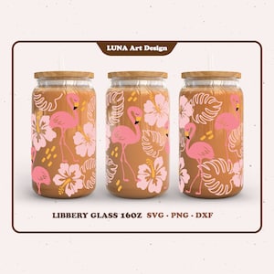 Vibra de verano, flamenco, hibisco, regalo de flor para mamá, envoltura de vidrio Libbey de 16 oz, lata de cerveza tropical, archivo SVG, PNG y DXF