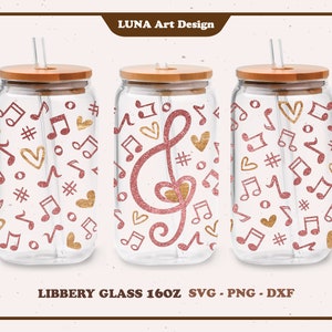 Notas de música e corações Can Glass SVG, Libbey Glass SVG, Musical, Envoltório completo para Libbey Glass 16oz. arquivo dxf, png, svg para Circut, arquivo digital