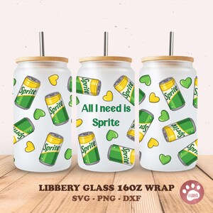 May include: Three 16oz Libbey glass wraps with a Sprite can design. The design includes yellow and green Sprite cans, yellow hearts, and green hearts. The text "All I need is Sprite" is also featured.