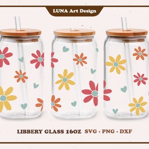Flower Heart Can Glass SVG, Libbey Glass SVG, Floral, Heart, Envoltório completo para Libbey Glass 16oz dxf, png, arquivo svg para Circut, arquivo digital