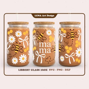 Mama Daisy Flower Honey Bee Love Coquette Ribbon cadeau voor moeder wrap voor Libbey-blikje glas 16oz. dxf-, png-, svg-bestand voor Circut, digitaal bestand