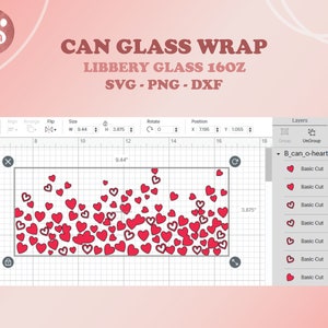 May include: A digital design for a can glass wrap, featuring a pattern of red hearts. The design is labeled "CAN GLASS WRAP" and "LIBBERY GLASS 16OZ". The dimensions are 9.44 inches wide and 3.875 inches high.