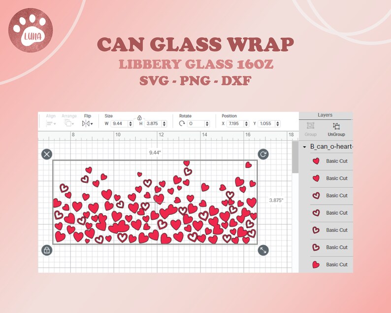 May include: A digital design for a can glass wrap, featuring a pattern of red hearts. The design is labeled "CAN GLASS WRAP" and "LIBBERY GLASS 16OZ". The dimensions are 9.44 inches wide and 3.875 inches high.