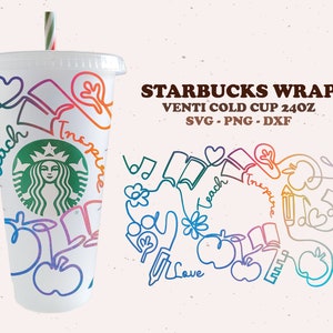Teach Love Inspire koude beker svg, cup wrap, Line art, volledige wrap voor Venti koude beker 24oz.dxf, png, svg bestand voor Circut, digitale download