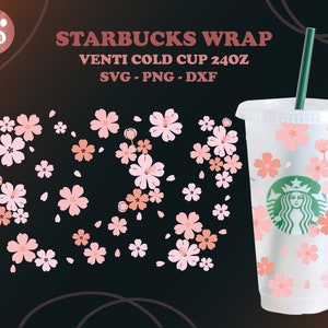 Sakura taza fría svg, envoltura de taza, flor de cerezo, floral de primavera, envoltura completa para taza fría Venti 24oz dxf, png, archivo svg para Circut, archivo digital