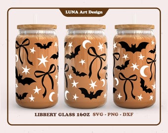 Bat Halloween Coquette Ribbon Wrap: 16oz Can Glass SVG, PNG, DXF File for cricut