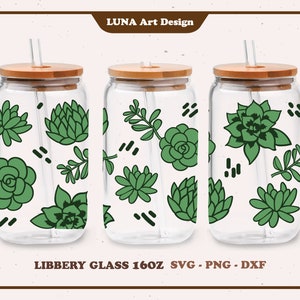 Suculento Can Glass SVG, Libbey Glass SVG, Cactus svg, Planta, Envoltura completa para Libbey Glass 16oz. archivo dxf, png, svg para Circut, archivo digital