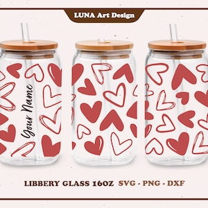 Preciosa taza de vidrio personalizada con forma de corazón para San Valentín, Love mom, envoltura completa para Libbey Glass, 16 oz, archivo dxf, png, svg para Circut, archivo digital
