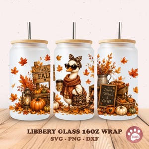 May include: Three frosted glass tumblers with bamboo lids and metal straws, featuring autumn-themed designs. The graphics include a duck wearing sunglasses and a leopard print headband, pumpkins, fall leaves, a lantern, and text reading hello FALL and Leaves FOOTBALL and COFFEE.