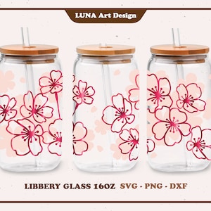 Vaso de vidrio en forma de flor de cerezo SVG, vaso de vidrio Libbey SVG, flor de cerezo, envoltura completa para vaso de vidrio Libbey de 16 oz. dxf, png, archivo svg para Circut, archivo digital
