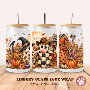 May include: Three frosted glass tumblers with bamboo lids and metal straws, featuring a wrap design of ghosts in hats, pumpkins, sunflowers, autumn leaves, and a barn scene. The text LIBBERY GLASS 16OZ WRAP SVG - PNG - DXF is printed below.