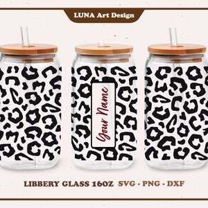 ヒョウ柄の缶ガラス、Libbey Glass SVG、パーソナライズ、チーター、フルラップのLibbey Glass 16オンス。 dxf、png、svgファイル（Circut用）、デジタルファイル