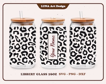 Leopard print Can Glass, Libbey Glass SVG, Personalized, Cheetah, Full wrap Libbey Glass 16oz. dxf, png, svg file for Circut, digital file