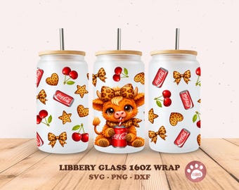 Highland Kuh Coca Cola Glasdose Wrap Cola Frosted Glass Wrap Cola 16oz. libbey Dosenglas PNG-Datei für Sublimations-, UV-, DTF-, digitale Datei