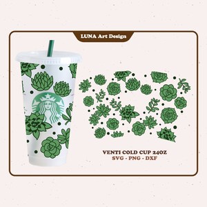 Suculenta taza fría SVG, Envoltura de copa, Cactus svg, Planta svg, envoltura completa para taza fría Venti 24oz. archivo dxf, png, svg para Circut, archivo digital