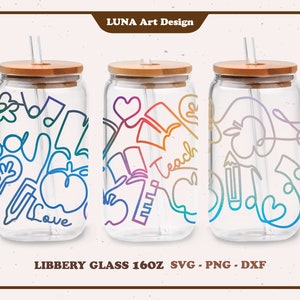 Teach Love Inspire Teacher Mama cadeau voor moeder School Line art wrap voor Libbey Glass 16oz. dxf-, png-, svg-bestand voor Circut, digitaal bestand