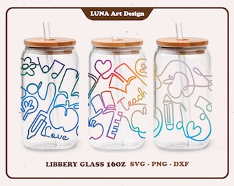 Teach Love Inspire Teacher Back to School Line art wrap for Coffee Glass 16oz. dxf, png, svg file for Circut, digital file