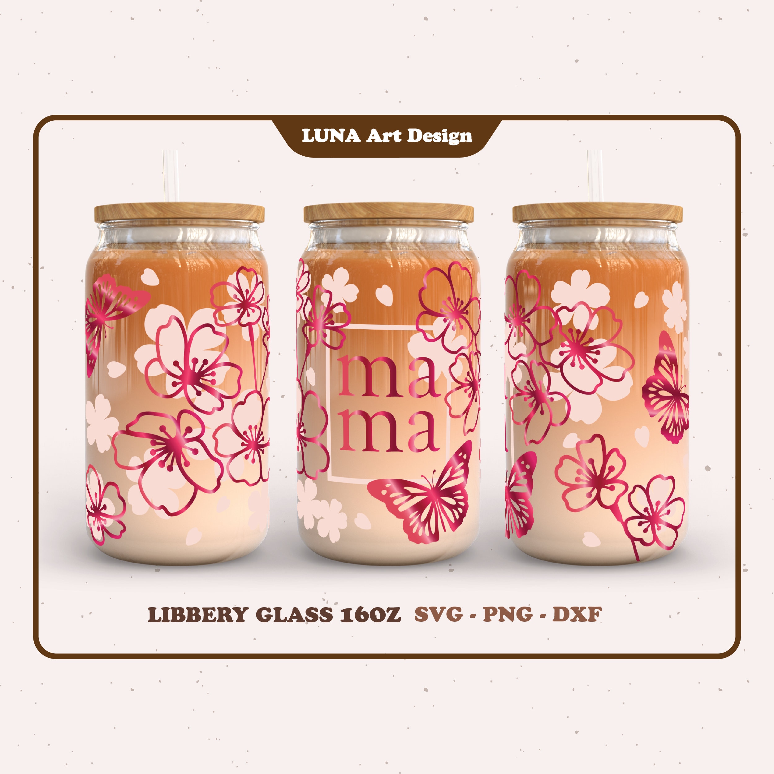 Sakura Floral Mama Libbey Glass Wrap SVG: Cherry Blossom Design (Digital Files)