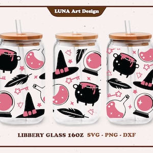 Escola Mágica Bruxa Rosa Outono Temporada Assustadora, Halloween Bruxa Envoltório Completo para Lata de Café Vidro 16oz dxf, png, arquivo svg para Circut, arquivo digital