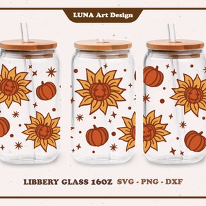 Pumpkin & Sunflower Can Glass SVG, Libbey Glass SVG, Halloween, Full wrap for Libbey Glass 16oz dxf, png, svg file for Circut, digital file