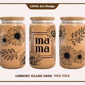 Canette en verre Mama Sunflower Libbey png, canette de bière en verre Mama Sunflower, emballage complet pour 16 oz. verre libbey, fichier png pour sublimation, fichier numérique