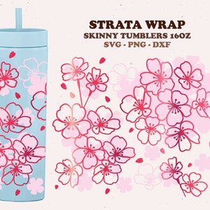 Cherry Blossom Strata Svg, flor Sakura, Primavera, envoltório completo SVG para copos skinny Strata de 16 onças. arquivo dxf, png, svg para Cricut, arquivo digital