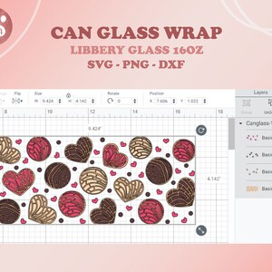 K&ouml;nnte beinhalten: Ein digitales Design f&uuml;r eine 16oz Glasgef&auml;&szlig;h&uuml;lle mit einem Muster aus Herzen und Wirbeln in Rosa, Braun und Beige. Das Design wird auf einer digitalen Designplattform mit einem Raster angezeigt.