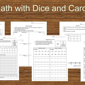 Puede incluir: Hojas de trabajo imprimibles en blanco y negro para actividades matemáticas usando dados y cartas. Las hojas de trabajo incluyen actividades de multiplicación, dibujo de ángulos, diagramas de línea y palabras numéricas.