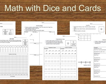 Puede incluir: Hojas de trabajo imprimibles en blanco y negro para actividades matemáticas usando dados y cartas. Las hojas de trabajo incluyen actividades de multiplicación, dibujo de ángulos, diagramas de línea y palabras numéricas.