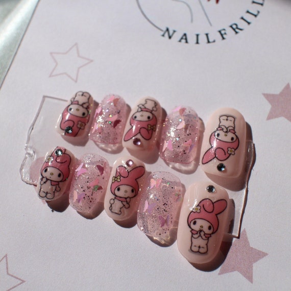 My Melody Nails Sanrio Pink Nails Press on Nails Set - Etsy