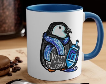 Fluffy Hanukkah Penguin - 11oz Mug - Penguin Mug - Ceramic Mug - Dreidel Mug - Cute Holiday Mug - Chanukah Mug - Funny Penguin Mug