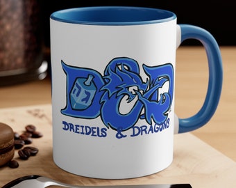 Dreidels and Dragons - 11oz Mug - Hanukkah Mug - Dungeons and Dragons Mug - Fantasy - Ceramic Mug - Coffee Mug