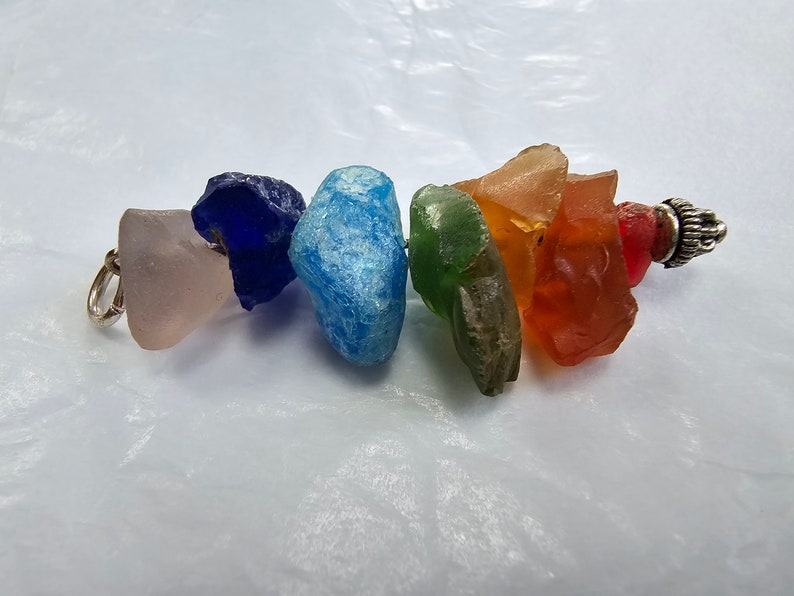 Hand made stunning rainbow sea tumbled glass chakra charm pendant. image 6