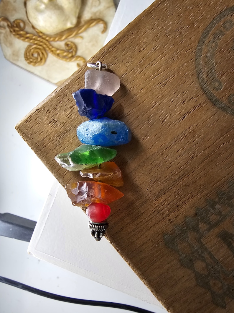 Hand made stunning rainbow sea tumbled glass chakra charm pendant. image 4