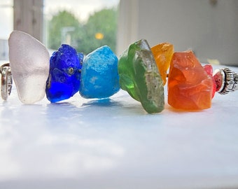 Rainbow Chakra Sea Glass Pendant or pendulum. Hand-crafted with British sea glass gems.